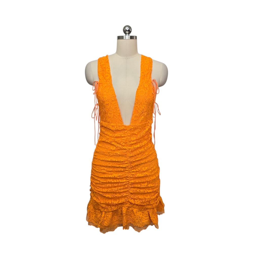 NWT For Love & Lemons Orange Lace‎ Ruched Deep V-Neck Mini Dress Womens Small